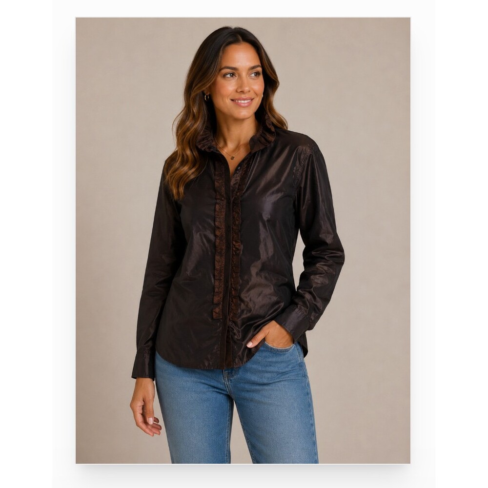 Etro Blouse Womens 48 Brown 100% Silk Ruffle High Neck Button Top Made In Italy